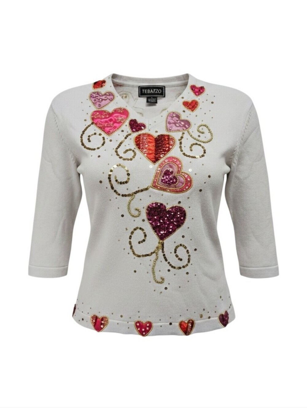 Vintage Terazzo Beaded and Embroidered Valentine's Day Sweater in White Sz Large
